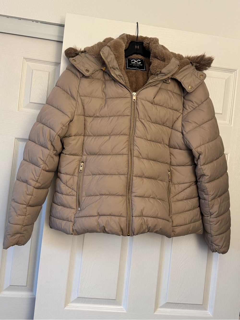 Taupe Quilted Puffer Jacket with Faux Fur Hood